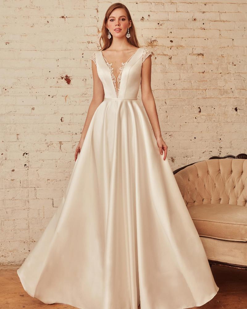 La21229 a line satin wedding dress with sleeves and pockets3